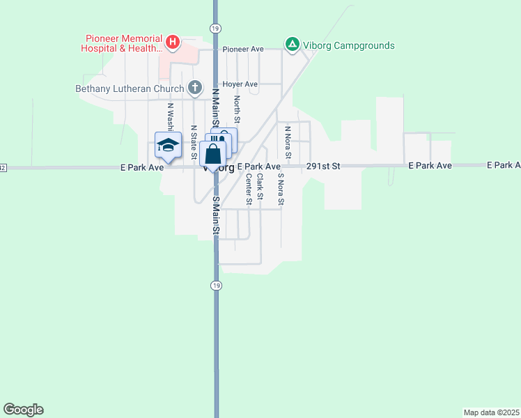 map of restaurants, bars, coffee shops, grocery stores, and more near 198 Clark St in Viborg