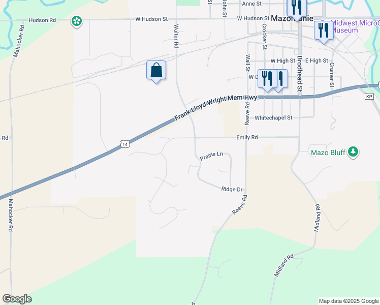 map of restaurants, bars, coffee shops, grocery stores, and more near 605 Ridge Drive in Mazomanie