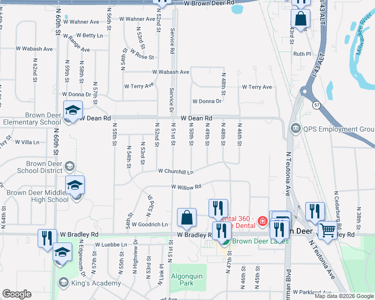 map of restaurants, bars, coffee shops, grocery stores, and more near 8263 North 50th Street in Brown Deer