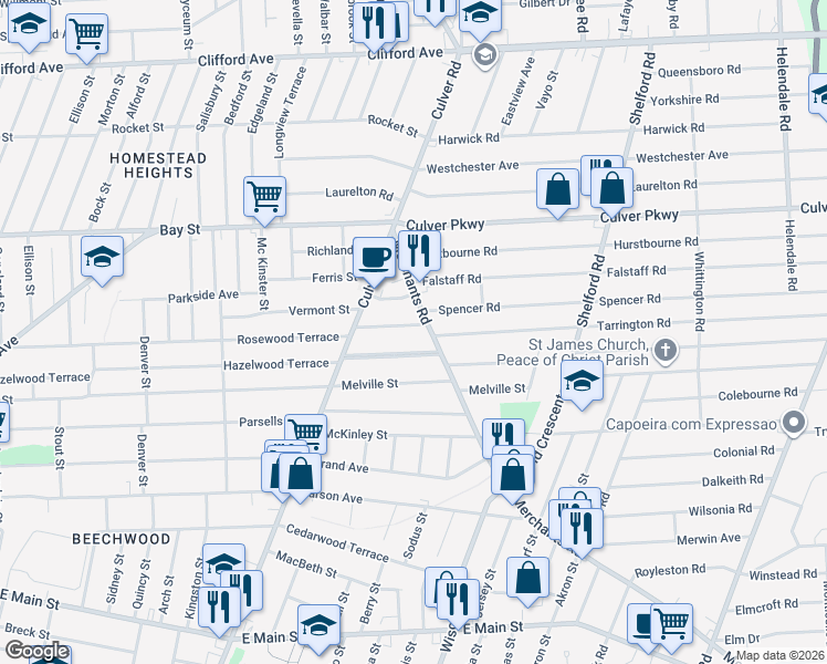 map of restaurants, bars, coffee shops, grocery stores, and more near 89 Queens Street in Rochester