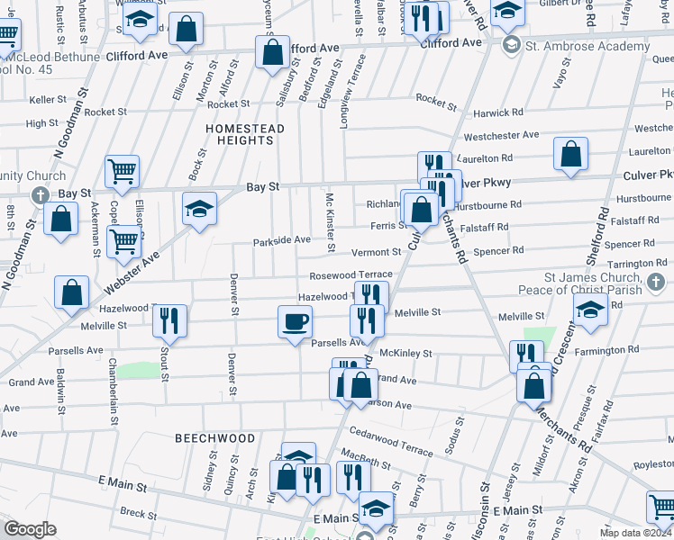 map of restaurants, bars, coffee shops, grocery stores, and more near 360 Rosewood Terrace in Rochester