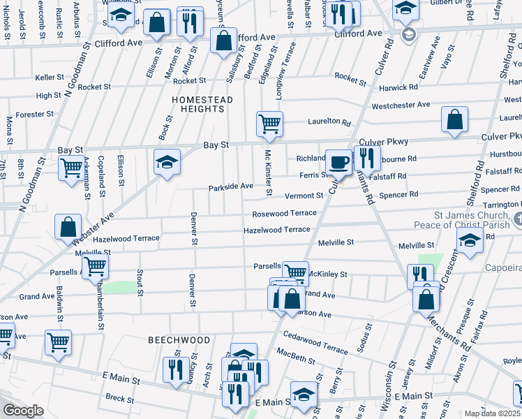 map of restaurants, bars, coffee shops, grocery stores, and more near 360 Rosewood Terrace in Rochester
