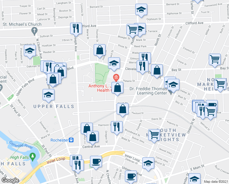 map of restaurants, bars, coffee shops, grocery stores, and more near in Rochester