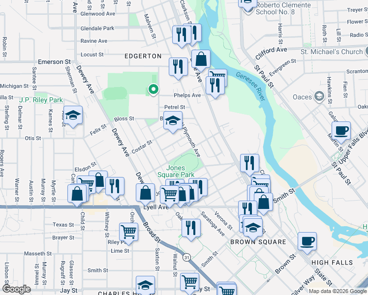 map of restaurants, bars, coffee shops, grocery stores, and more near 46 Lorimer Street in Rochester