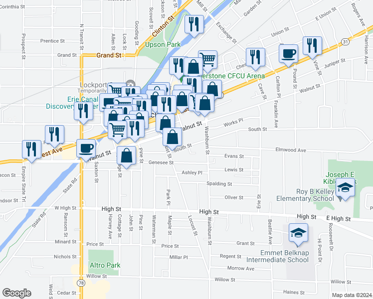 map of restaurants, bars, coffee shops, grocery stores, and more near 79 South Street in Lockport