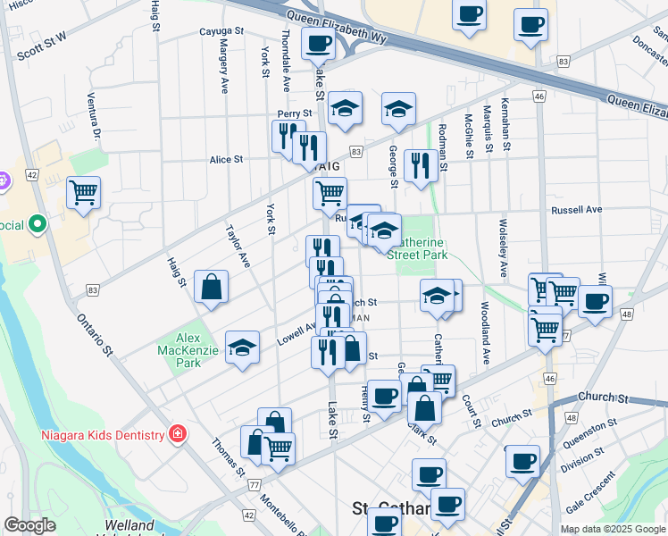 map of restaurants, bars, coffee shops, grocery stores, and more near 161 Lake Street in St. Catharines