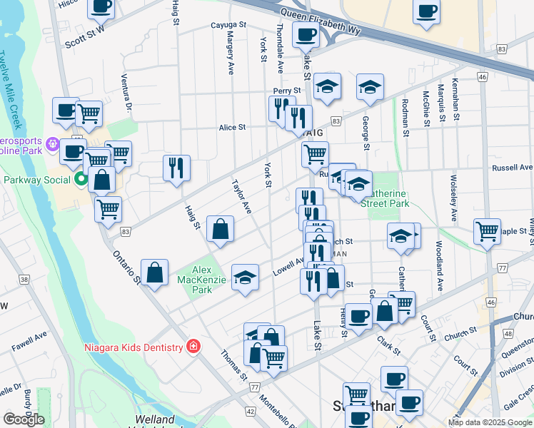 map of restaurants, bars, coffee shops, grocery stores, and more near in St. Catharines