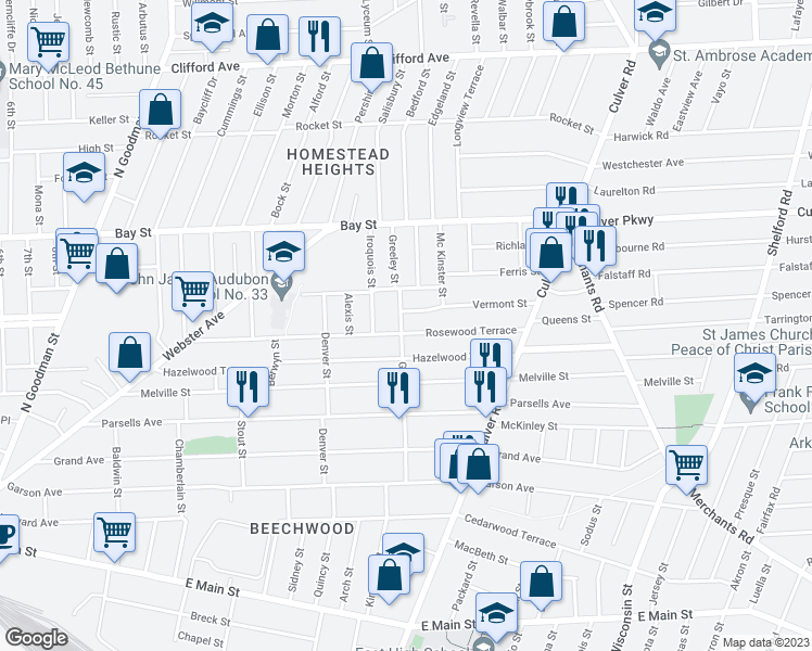 map of restaurants, bars, coffee shops, grocery stores, and more near 306 Rosewood Terrace in Rochester