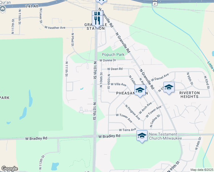 map of restaurants, bars, coffee shops, grocery stores, and more near 8283 North 105th Street in Milwaukee