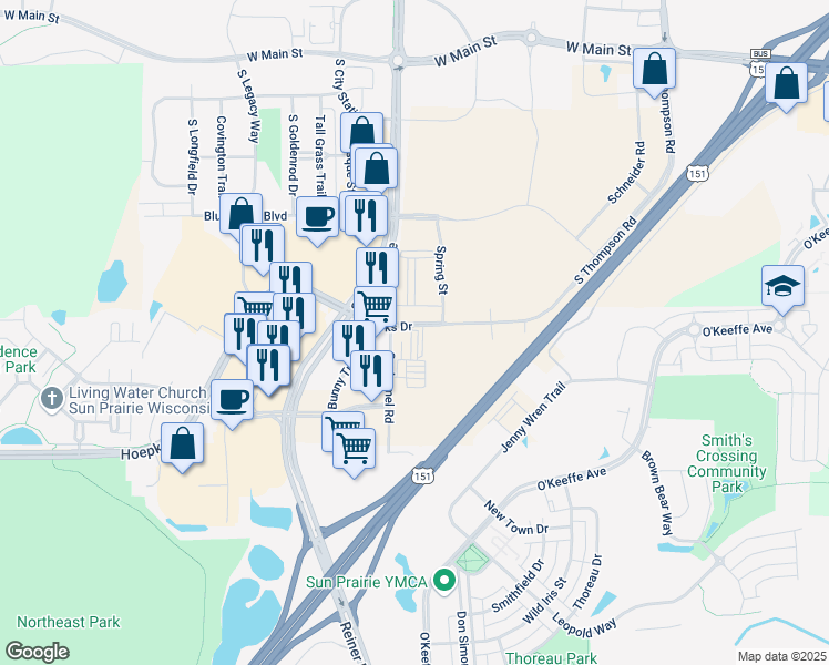 map of restaurants, bars, coffee shops, grocery stores, and more near 3425 Brooks Drive in Sun Prairie