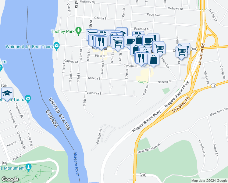 map of restaurants, bars, coffee shops, grocery stores, and more near 520 Tuscarora Street in Lewiston