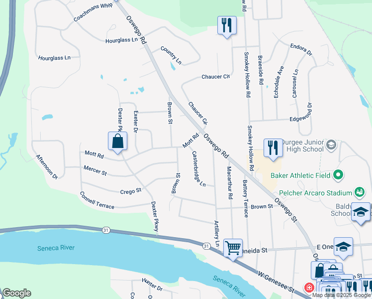 map of restaurants, bars, coffee shops, grocery stores, and more near 13 Mott Rd in Baldwinsville