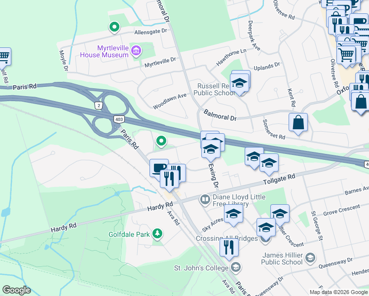 map of restaurants, bars, coffee shops, grocery stores, and more near 25 Seneca Crescent in Brantford