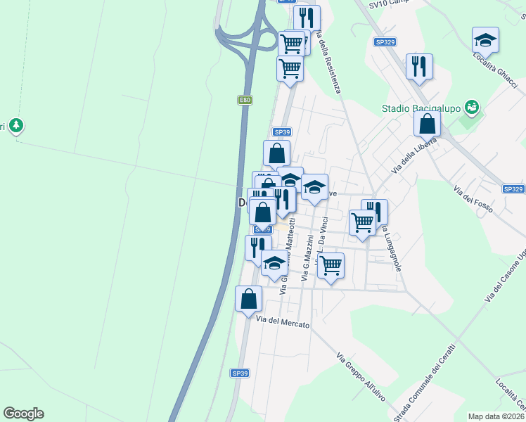 map of restaurants, bars, coffee shops, grocery stores, and more near 1 Piazza della Stazione in Donoratico