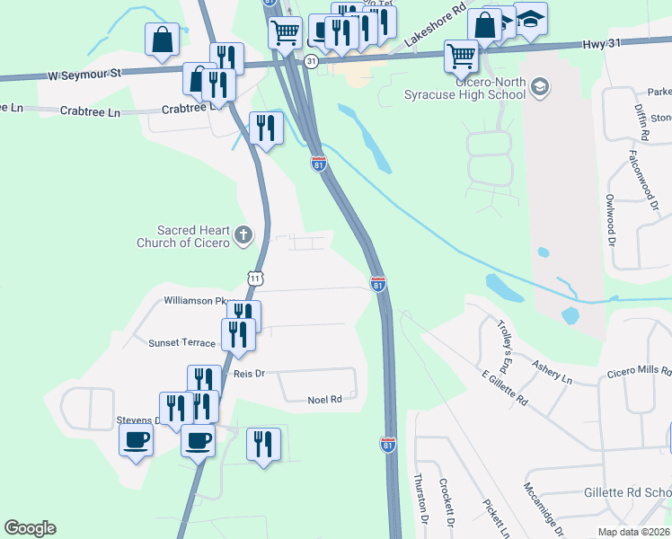map of restaurants, bars, coffee shops, grocery stores, and more near 5875 Gillette Road in Cicero
