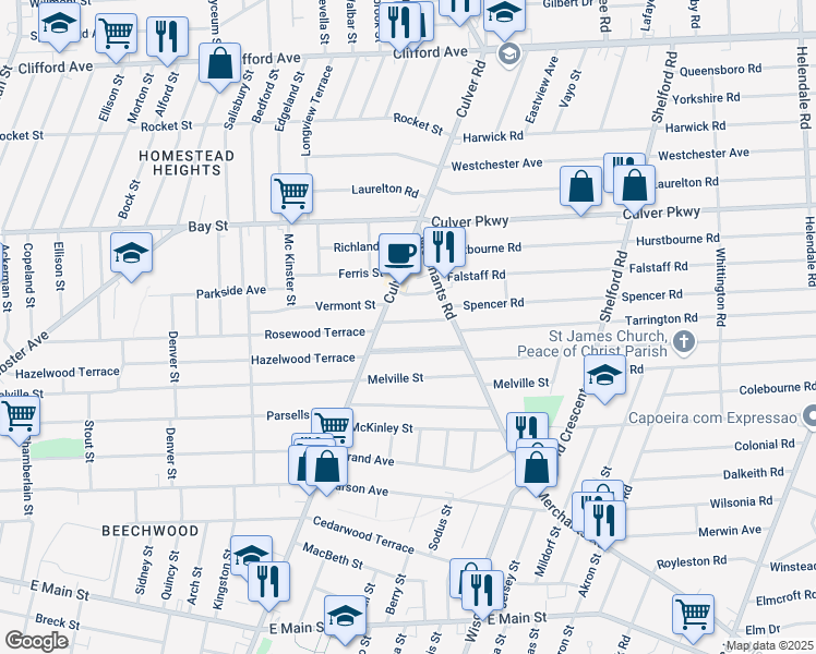 map of restaurants, bars, coffee shops, grocery stores, and more near 35 Queens Street in Rochester