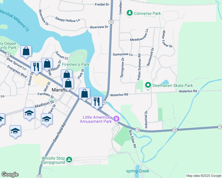 map of restaurants, bars, coffee shops, grocery stores, and more near 226 Hubbell Street in Marshall