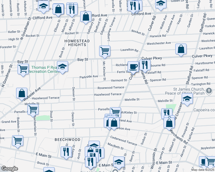 map of restaurants, bars, coffee shops, grocery stores, and more near 380 Rosewood Terrace in Rochester