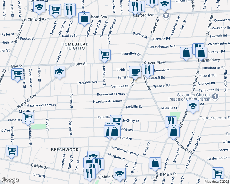 map of restaurants, bars, coffee shops, grocery stores, and more near 412 Rosewood Terrace in Rochester