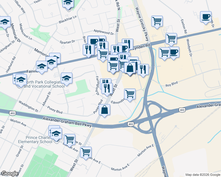 map of restaurants, bars, coffee shops, grocery stores, and more near 570 West Street in Brantford