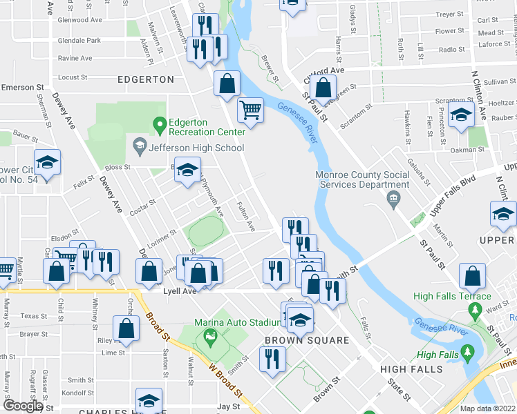 map of restaurants, bars, coffee shops, grocery stores, and more near 217 Lake Avenue in Rochester