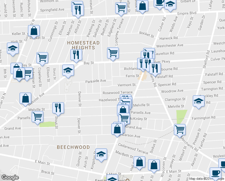map of restaurants, bars, coffee shops, grocery stores, and more near 360 Rosewood Terrace in Rochester