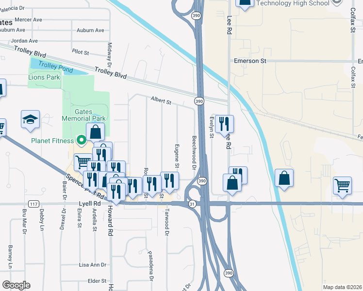 map of restaurants, bars, coffee shops, grocery stores, and more near 120 Eugene Street in Rochester