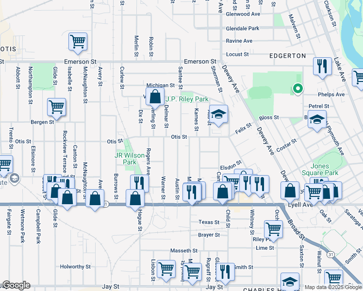 map of restaurants, bars, coffee shops, grocery stores, and more near 64 Austin Street in Rochester