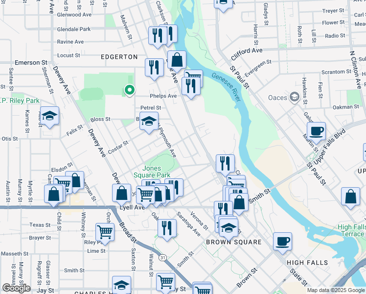 map of restaurants, bars, coffee shops, grocery stores, and more near 23 Fulton Avenue in Rochester