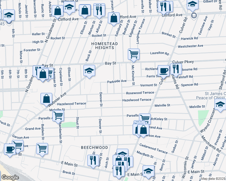 map of restaurants, bars, coffee shops, grocery stores, and more near 7 Iroquois Street in Rochester