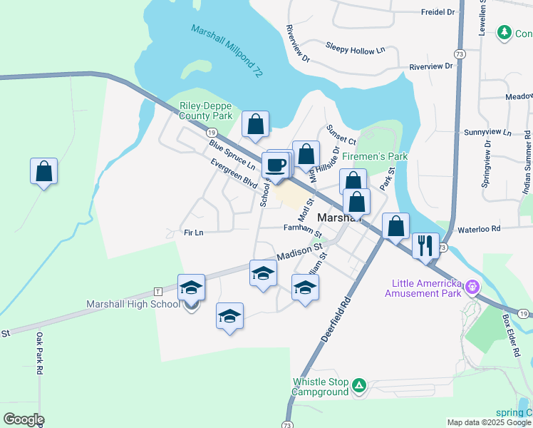map of restaurants, bars, coffee shops, grocery stores, and more near 604 School Street in Marshall