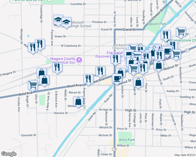 map of restaurants, bars, coffee shops, grocery stores, and more near 113 West Avenue in Lockport