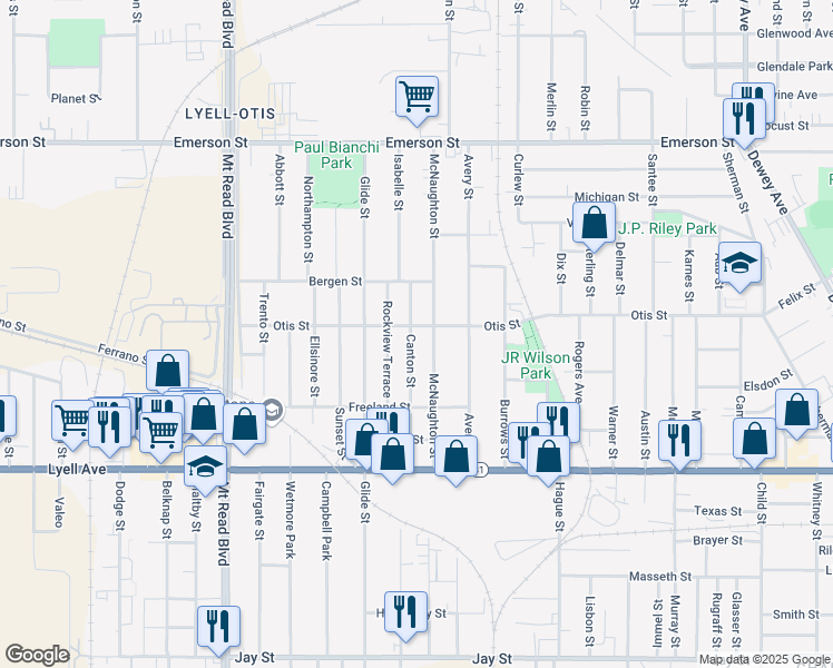 map of restaurants, bars, coffee shops, grocery stores, and more near 142 Canton Street in Rochester
