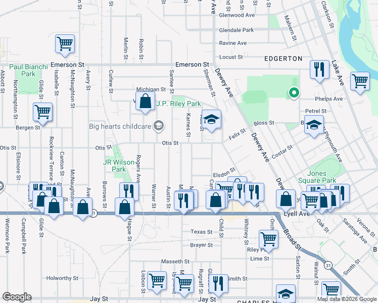 map of restaurants, bars, coffee shops, grocery stores, and more near 181 Myrtle Street in Rochester