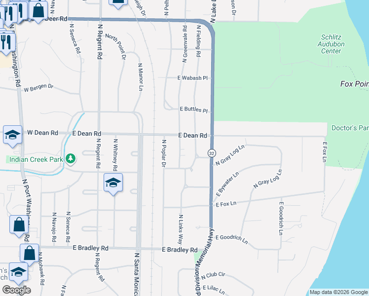 map of restaurants, bars, coffee shops, grocery stores, and more near 8331 North Greenvale Road in Fox Point