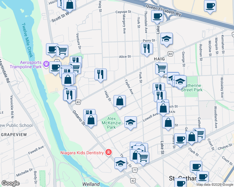 map of restaurants, bars, coffee shops, grocery stores, and more near 81 Vale Avenue in St. Catharines