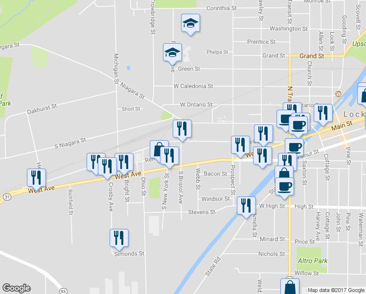 map of restaurants, bars, coffee shops, grocery stores, and more near 4 Bristol Avenue in Lockport