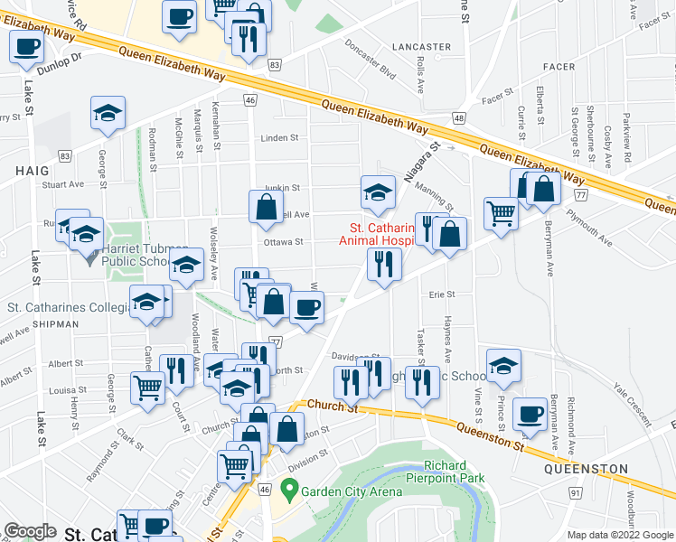 map of restaurants, bars, coffee shops, grocery stores, and more near 42 Dacotah Street in Saint Catharines