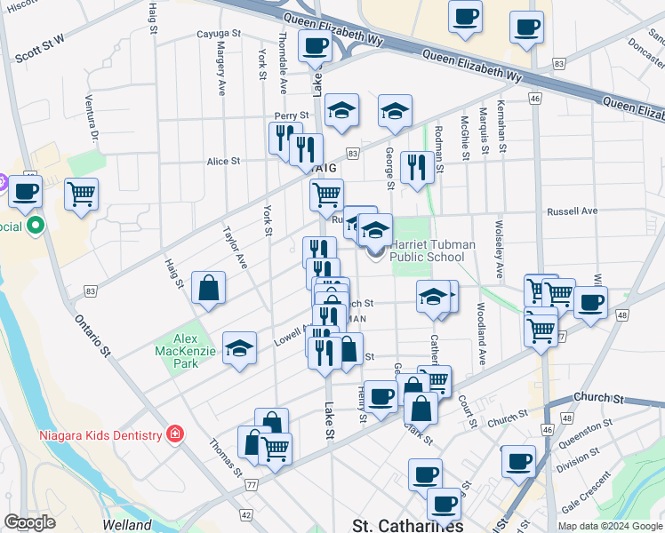 map of restaurants, bars, coffee shops, grocery stores, and more near 160 Lake Street in Saint Catharines