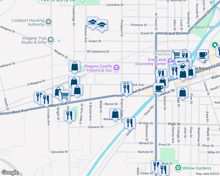 map of restaurants, bars, coffee shops, grocery stores, and more near 176 Park Ave in Lockport