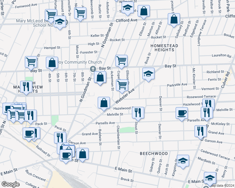 map of restaurants, bars, coffee shops, grocery stores, and more near 25 Copeland Street in Rochester