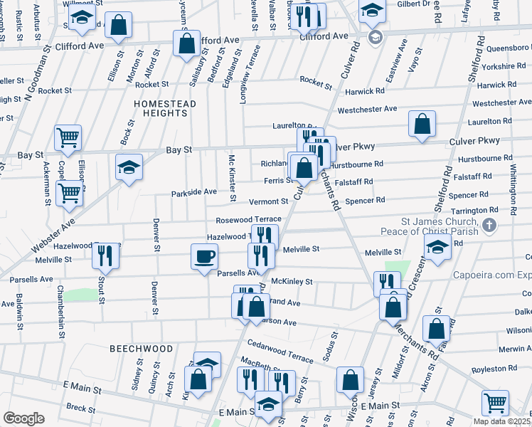 map of restaurants, bars, coffee shops, grocery stores, and more near 412 Rosewood Terrace in Rochester