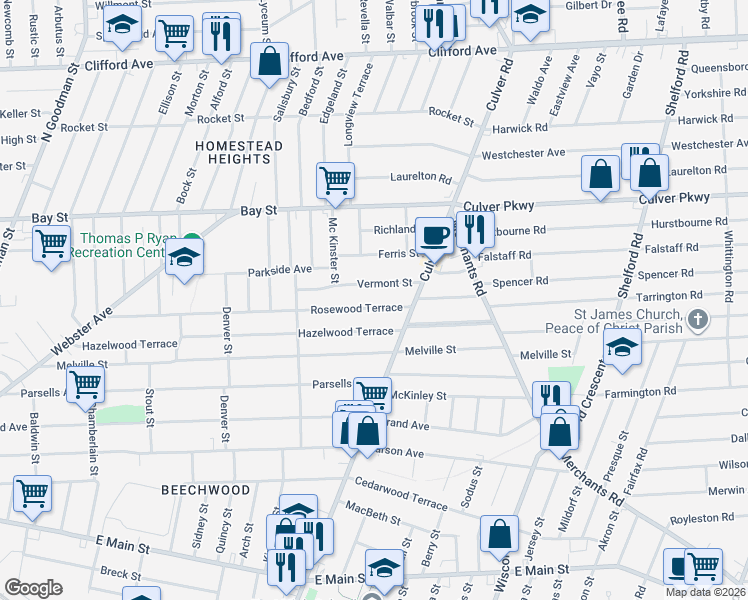 map of restaurants, bars, coffee shops, grocery stores, and more near 412 Rosewood Terrace in Rochester