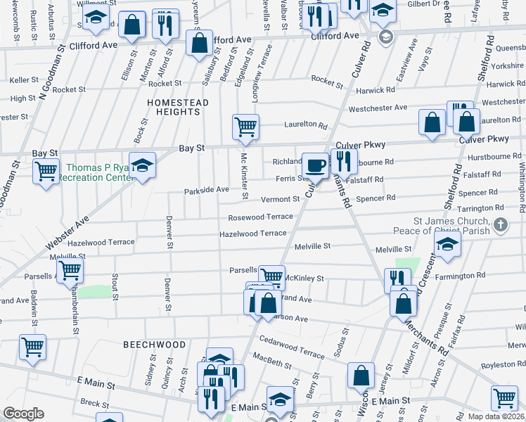 map of restaurants, bars, coffee shops, grocery stores, and more near 412 Rosewood Terrace in Rochester