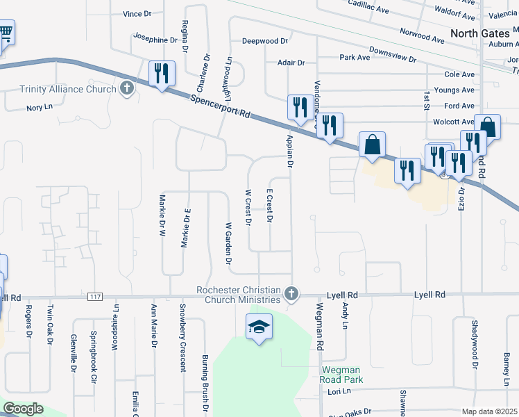 map of restaurants, bars, coffee shops, grocery stores, and more near 17 East Crest Drive in Rochester
