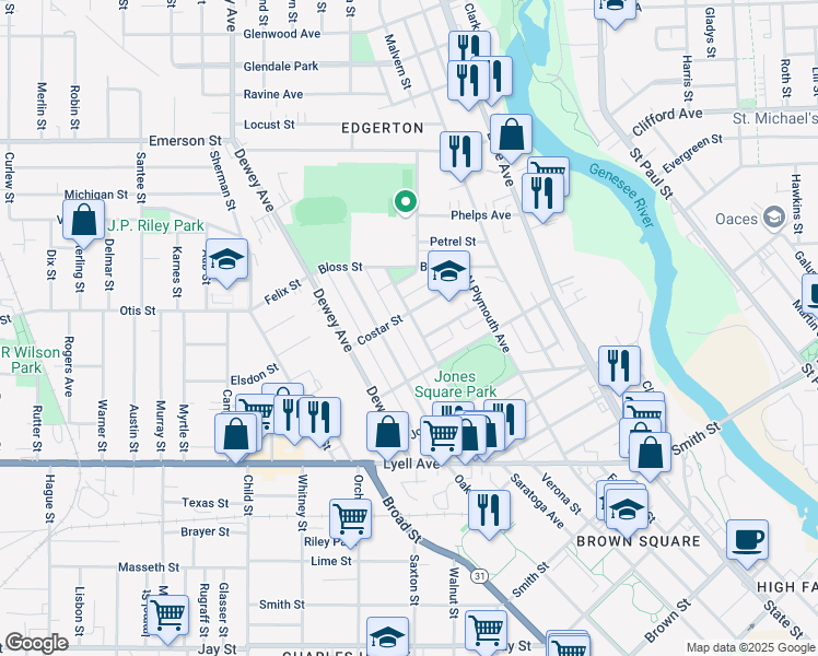 map of restaurants, bars, coffee shops, grocery stores, and more near 207 Saratoga Avenue in Rochester