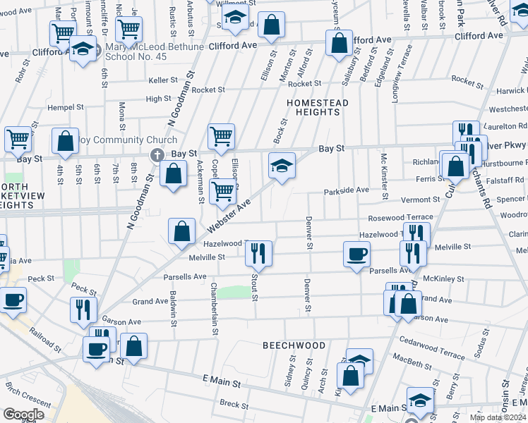 map of restaurants, bars, coffee shops, grocery stores, and more near 22 Shafer Street in Rochester