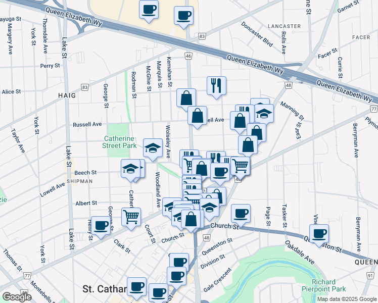map of restaurants, bars, coffee shops, grocery stores, and more near 147 Regional Road 46 in St. Catharines
