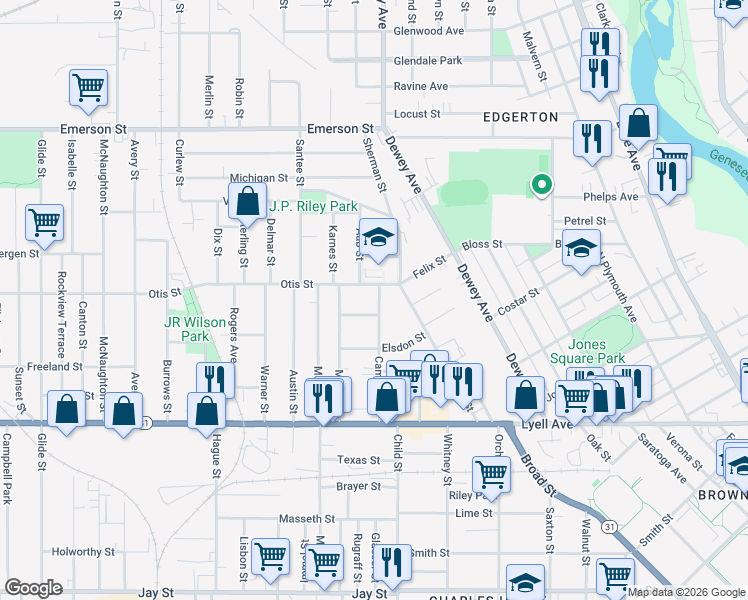 map of restaurants, bars, coffee shops, grocery stores, and more near 185 Cameron Street in Rochester