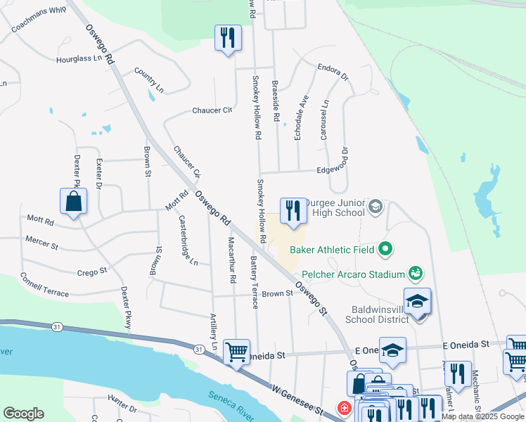 map of restaurants, bars, coffee shops, grocery stores, and more near 89 La Madre Way in Baldwinsville